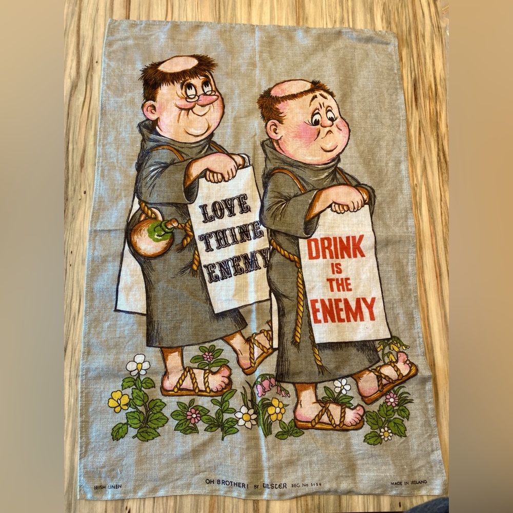 ‘Love Thine Enemy, Drink Is The Enemy’ Vintage Irish Linen Towel